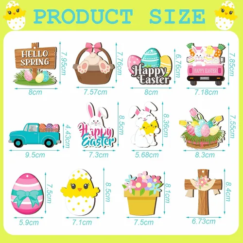 Vista 3 de Marsui 24 adornos de Pascua para árbol, feliz Pascua, adornos colgantes de madera, huevo, conejo, primavera, árbol, gnomo, pollo, rebanadas