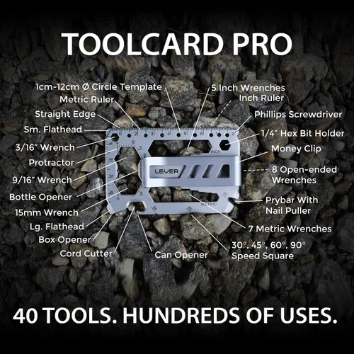 Vista 2 de Toolcard Pro con clip para dinero, multiherramienta para tarjetas de crédito 40 en 1, elegante cartera minimalista de acero inoxidable y clip