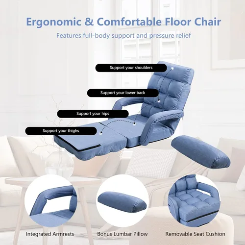 Vista 5 de Giantex Chaise Lounge - Sillón plegable multiusos para interiores con 6 posiciones ajustables, reposabrazos integrados, almohada lumbar, asiento