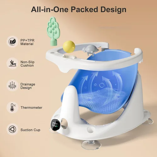 Vista 4 de Asiento de baño para bebés de 6 meses en adelante, asientos de bañera para bebés sentados con taza de enjuague, antideslizante, cómodo, esenciales
