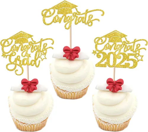 Vista 17 de Paquete de 24 adornos para cupcakes de graduación 2025 con purpurina I Am Done Diploma Felicidades Graduado Cap Cupcake Picks Class Of 2025