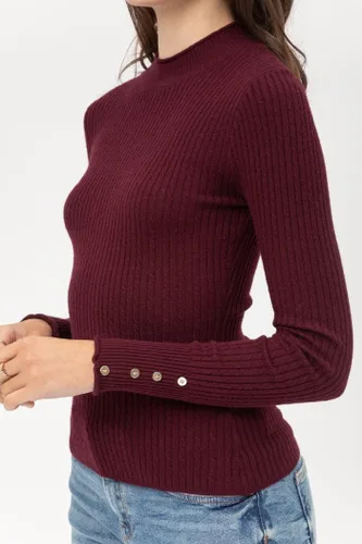 Vista 2 de OLLIE ARNES Suéter de punto de manga larga sólido para mujer, cuello redondo, puños y botones, elástico, 39_Cherrystone