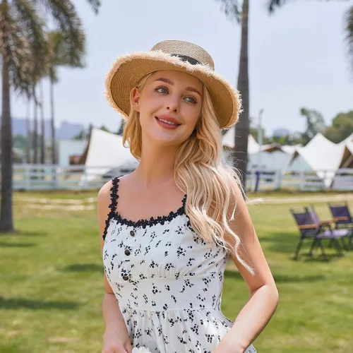 Vista 2 de Sombrero de paja para mujer con protección solar UPF 50+, sombrero de flores UV de viaje de verano
