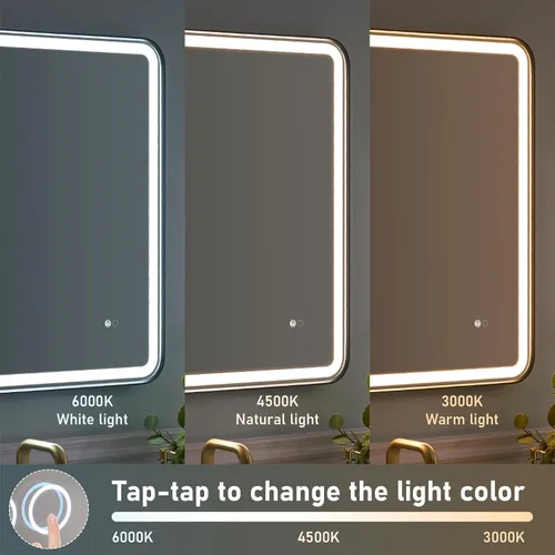 Vista 3 de WELLFOR Espejo LED enmarcado de 48 pulgadas de ancho x 36 pulgadas de largo, espejo rectangular de esquina redondeada de metal con luces para baño