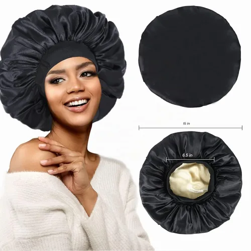 Vista 4 de Gorro de seda para dormir, gorro de satén de doble capa, ajustable, para mujeres negras, gorro de dormir reversible para sombreros de cabello rizado