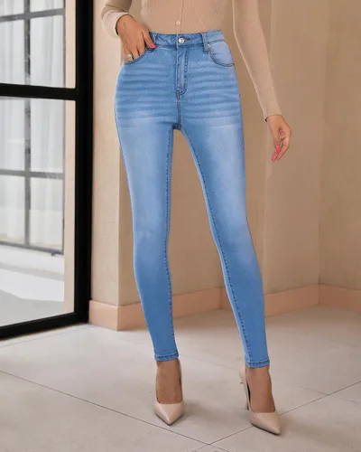Vista 3 de GRAPENT Pantalones de mezclilla ajustados para mujer, cintura alta, elásticos, clásicos, de tiro alto, adelgazantes, pantalones de mezclilla 2023