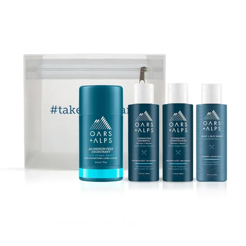 Vista 11 de Oars + Alps Kit de viaje para el cabello y el cuerpo para hombres, incluye champú sin sulfato, acondicionador, gel de baño, desodorante y bolsa