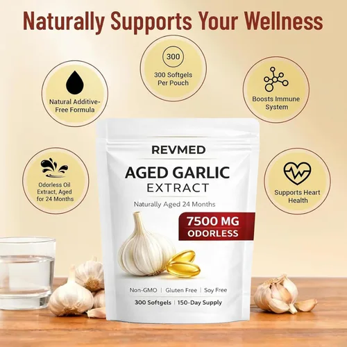 Vista 2 de WNW Revmed Extracto de ajo añejo, equivalente a 7500 mg, envejecido naturalmente a 24 meses, cápsulas blandas inodoras, sin OMG, sin gluten ni soja