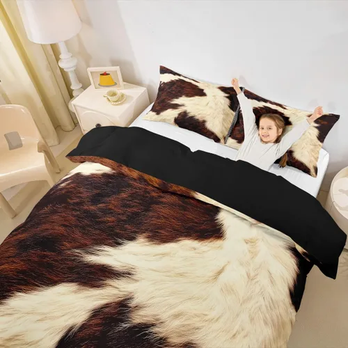Vista 5 de Funda de edredón con estampado de vaca, tamaño individual, color marrón, beige, blanco, cuero de vaca occidental, juego de ropa de cama de pelo