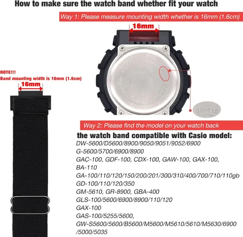 Vista 3 de Abanen Correas de reloj elásticas de nailon para Casio G-SHOCK DW-56008900, correa elástica con conector de acero inoxidable para Casio