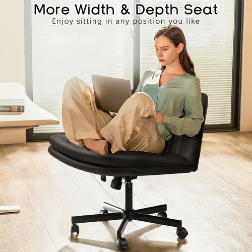 Vista 3 de Silla de oficina moderna negra entrecruzada, cómoda silla de escritorio con patas cruzadas con ruedas, silla de tocador de maquillaje sin brazos