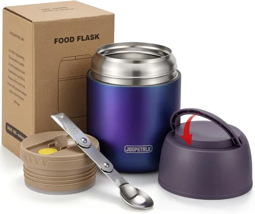 Vista 9 de JOOPETALK Recipientes de almuerzo aislados de 17 onzas, color negro, lonchera térmica de acero inoxidable al vacío con asa y cuchara plegable