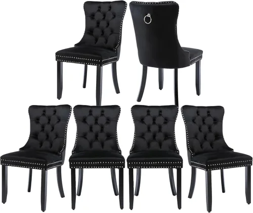 Vista 31 de Juego de 2 sillas de comedor de terciopelo, silla de comedor tapizada de alta gama con tirador de anillo en la espalda, adorno de clavos y patas