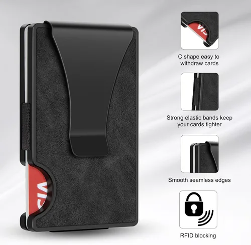 Vista 2 de IMDCGYY Cartera táctica para hombre, cartera de metal delgada y minimalista de fibra de carbono, clip de dinero de acero inoxidable, bloqueo RFID