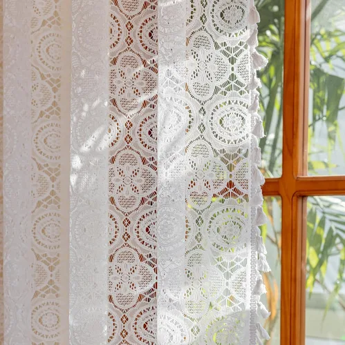Vista 46 de YJ YANJUN - Cortinas de café boho, 24 pulgadas de largo, 2 paneles, cada una de 59" de ancho x 24" de largo, beige, con crochet, cortinas de cocina