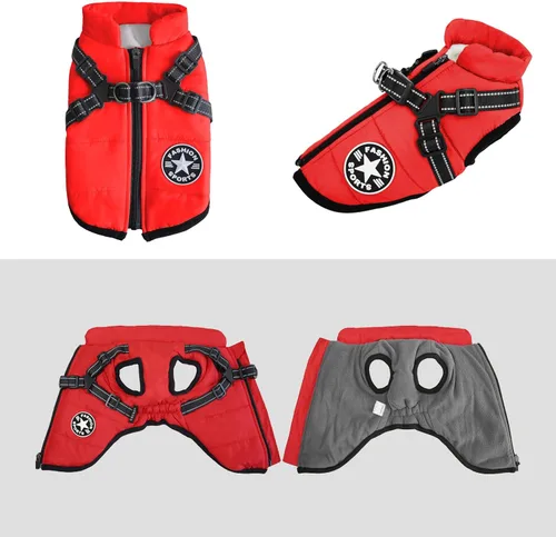 Vista 2 de Chaqueta cálida de invierno para perros – Abrigo impermeable a prueba de viento para mascotas con arnés integrado – Chaleco de vellón con cremallera