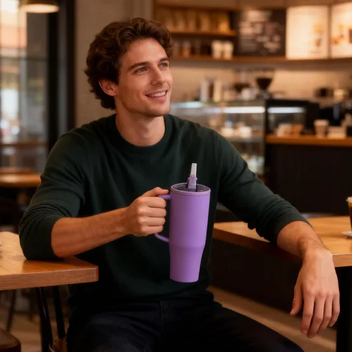 Vista 3 de Botella de agua de 40 onzas con asa, color morado, sexta generación, soporte para tazas compatible para viajes, vaso resistente a fugas