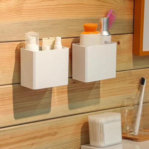 Vista 2 de Suclain Organizador de pared de 2 piezas, estante flotante adhesivo sin perforaciones, organizador de pared blanco, contenedores de almacenamiento