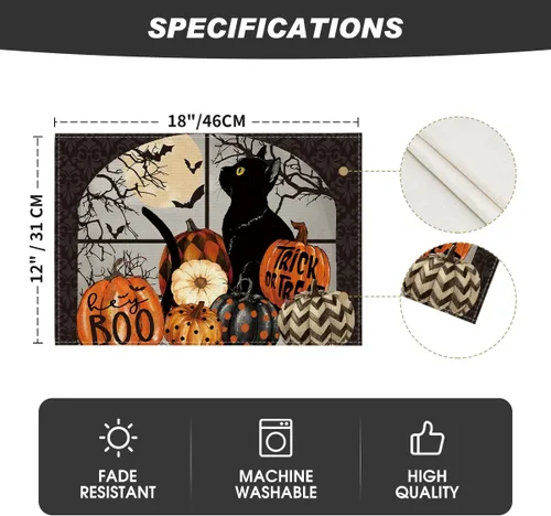 Vista 6 de Artoid Mode Boo - Juego de 4 manteles individuales de Halloween con diseño de calabazas de gato negro, 12 x 18 pulgadas, para decoración de fiestas