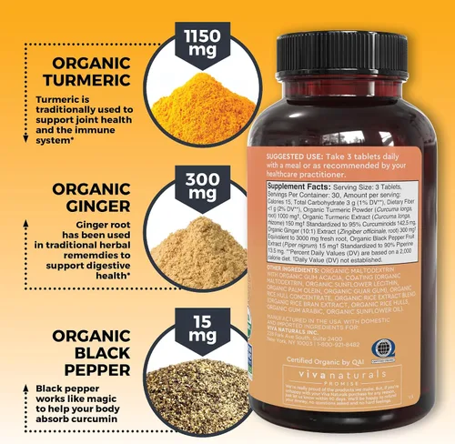 Vista 8 de Viva Naturals Suplemento de cúrcuma y jengibre con pimienta negra para una mejor absorción, curcumina de cúrcuma orgánica para apoyar la salud