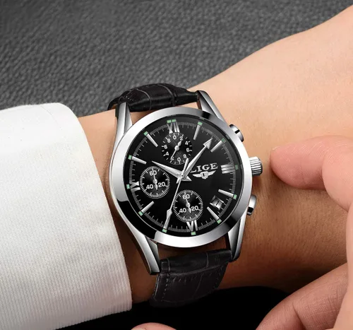 Vista 4 de LIGE Reloj de cuero analógico de cuarzo para hombre, reloj de pulsera para hombre, reloj de negocios casual, impermeable, reloj deportivo negro