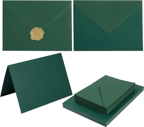 Vista 8 de Paquete de 50 sobres A6 color crema con tarjetas de cartulina gruesa plegada de 4 x 6 pulgadas y calcomanías doradas para tarjetas de felicitación