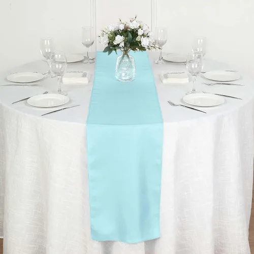Vista 6 de Efavormart - Camino de mesa de poliéster de alta calidad azul claro para bodas, fiestas de cumpleaños, banquetes, decoración, ajuste rectangular