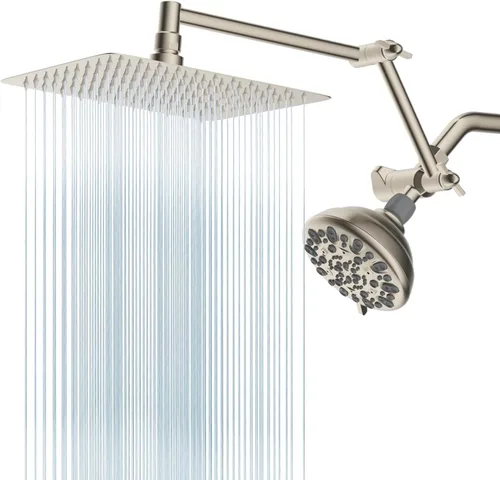 Vista 7 de Cabezal de ducha de metal, cabezal de ducha de mano doble de alta presión de 10 pulgadas con brazo de extensión de ducha ajustable de 16 pulgadas, 7