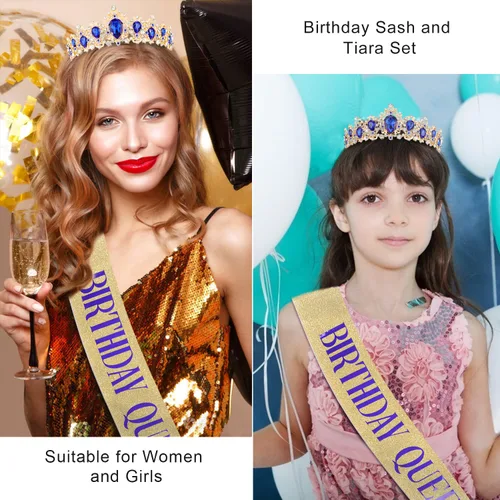 Vista 5 de Didder Faja y corona dorada de cumpleaños para mujeres y niñas, decoraciones felices Azul