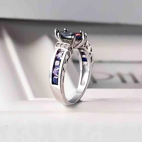 Vista 4 de Anillos de plata de ley 925 vintage para mujer con incrustaciones de topacio místico con forma ovalada, piedra de cristal austriaco, circonita