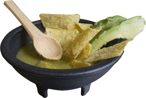 Vista 5 de Paquete de 6 cuencos de salsa con chips de salsa y bocadillos, con cucharas de madera, cuencos de salsa, cuencos de salsa, papas fritas de molcajete