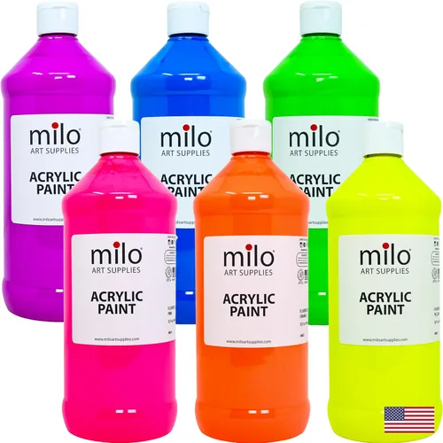 Vista 18 de milo Juego de 6 pinturas acrílicas fluorescentes Botellas de 4 onzas Paquete de pintura acrílica de colores neón para estudiantes Hecho