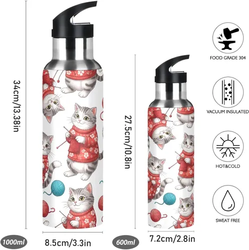Vista 2 de Stainless Steel Water Bottle 32 Oz, Leakproof Water Bottles for Gym Outdoor Travel School, Gray White Cats Red Floral