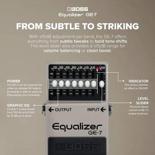 Vista 4 de BOSS GE-7 Equalizer Pedal ecualizador gráfico compacto Diseñado para guitarristas 7 bandas de deslizadores de ecualización Frecuencias