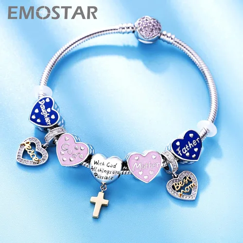 Vista 4 de EMOSTAR Dijes temáticos para el día de la madre, plata de ley, madre, padre, hija, hijo, nana, esposa, marido, madrina, corona de mamá, cuentas