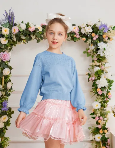 Vista 4 de GRACE KARIN Suéter de manga larga con cuello redondo para niñas, talla 5-12