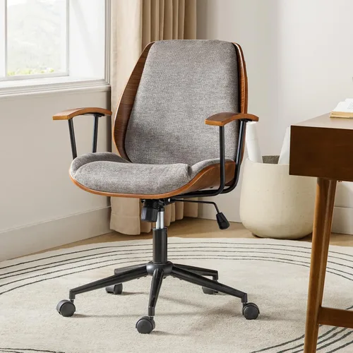 Vista 9 de HULALA HOME Silla de oficina de madera maciza con función de balanceo, silla de escritorio cómoda de tela con base de madera curvada y metal, silla