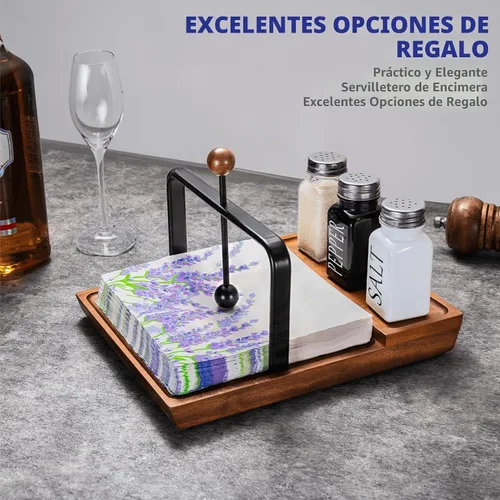 Vista 6 de Servilletero de madera – Servilletero multifuncional para mesa y cocina, incluye espacio para condimentos – Perfecto para el hogar, cocina