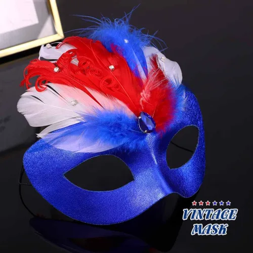 Vista 5 de BODIY Mardi Gras Masquerade Mask Blue Feather Mask Crystal Half Mask Independence Day Costume Eyemask Rave Accessories