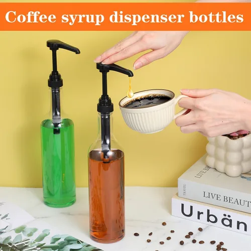 Vista 4 de 4 botellas de jarabe con bomba, botellas transparentes de cuello largo de 25 onzas / 25.4 fl oz, dispensador de bomba de jarabe de plástico