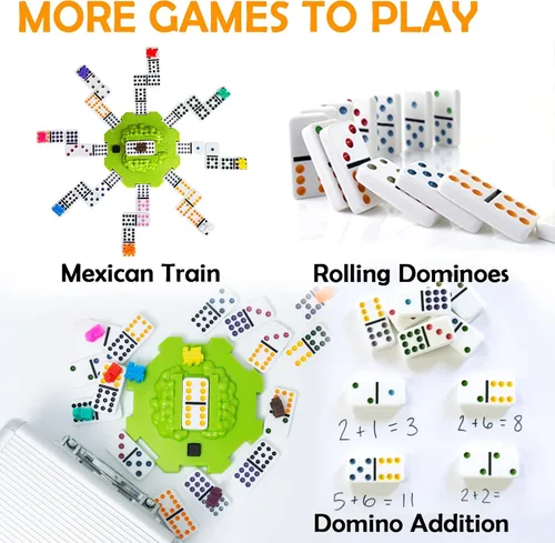 Vista 5 de Yinlo Juego de dominó de tren mexicano con efecto de sonido, juego de dominó para viajes, 91 azulejos dobles de 12 colores juego de viaje con caja
