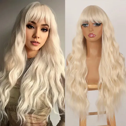 Vista 16 de QD-Tizer Pelucas sintéticas de color rubio ceniza con flequillo, pelucas de cabello largo y lacio, sin pegamento, pelucas sintéticas sin encaje