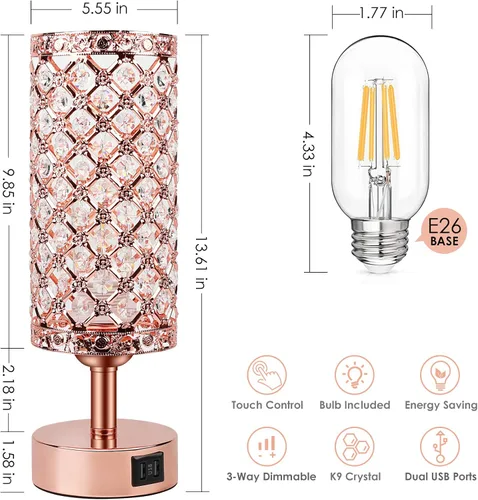 Vista 4 de Lámpara de mesa de cristal con control táctil, regulable de 3 vías, lámpara decorativa para mesita de noche con 2 puertos de carga USB, pequeña luz