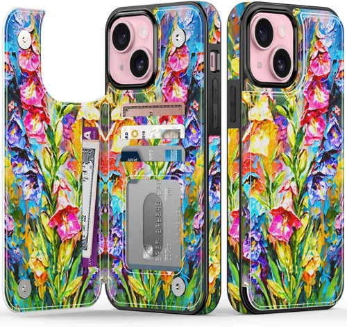Vista 127 de FUNMIKO Funda tipo cartera para iPhone 15 con tarjetero + clip para efectivo, bloqueo RFID, protección contra caídas de grado militar y obras