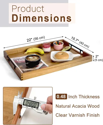 Vista 2 de Bandeja de madera de acacia de 22 pulgadas con asas de metal, bandeja otomana rectangular grande de madera, diseño decorativo y duradero para sala
