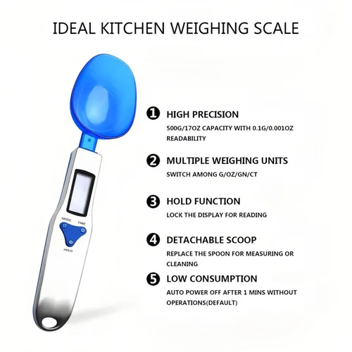 Vista 2 de Yoidesu - Báscula digital de cocina, cuchara medidora electrónica de gramos, 17.64 oz/0.00 oz, cuchara digital azul con 3 cucharas medidoras