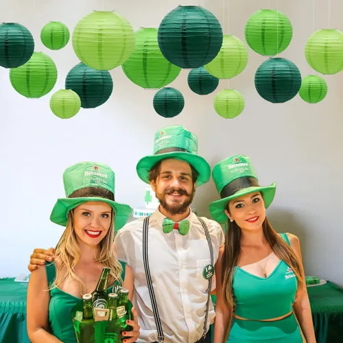 Vista 5 de Faroles decorativos de papel verde, 12 faroles de papel colgantes para aula, baby shower, día de San Patricio, graduación, boda, temática de selva