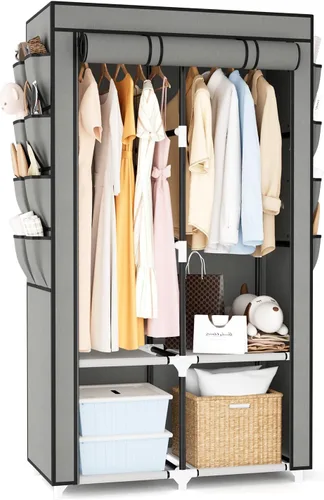 Vista 12 de Armario portátil para colgar ropa, armario portátil con tapa, 4 estantes de almacenamiento, 2 varillas para colgar y 8 bolsillos laterales, fácil