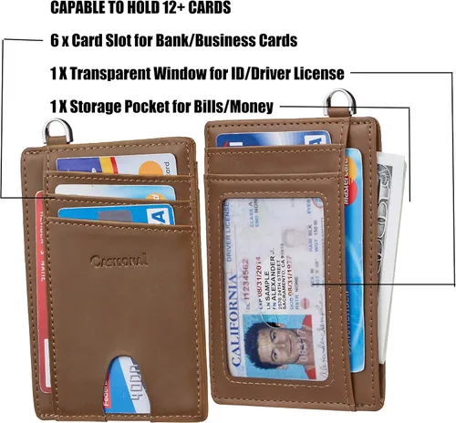 Vista 6 de Casmonal. - Billetera de bolsillo frontal minimalista con bloqueo RFID, tarjetero, para hombre y mujer., Crazy Horse Khaki Light), cs008010