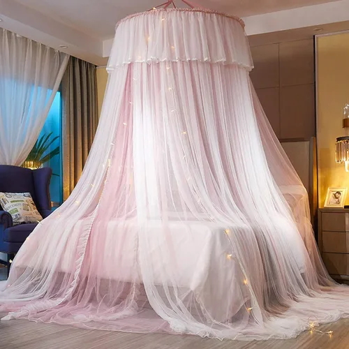 Vista 15 de VETHIN - Dosel de cama de princesa para niñas, cortina de dosel de cama de doble capa con malla transparente, mosquitero de princesa con encaje